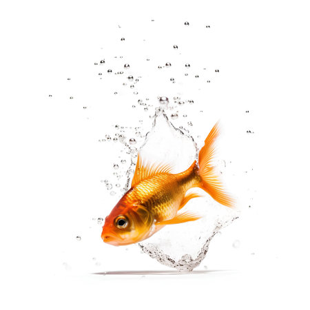 Goldfish jumping out of water, isolated on white background with clipping pathの素材