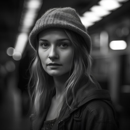 Portrait of a beautiful girl in a hat in the city.の素材