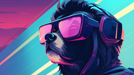 Vector illustration of a dog wearing a virtual reality headset. Vector illustration.の素材