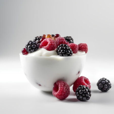 Yogurt with fresh berries in a bowl on a white backgroundの素材