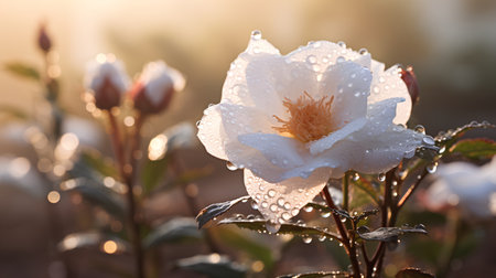 Beautiful white rose with dew drops in the rays of the setting sun.の素材