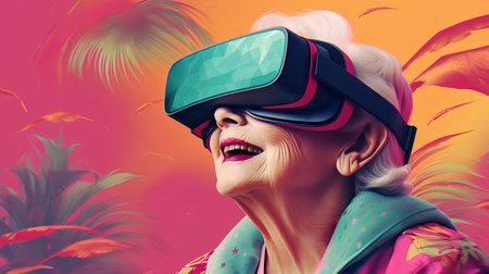 Elderly woman wearing virtual reality goggles. 3d illustration.の素材