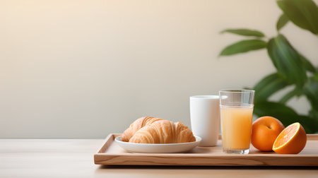 Breakfast with orange juice, croissants and coffee on wooden tray.の素材