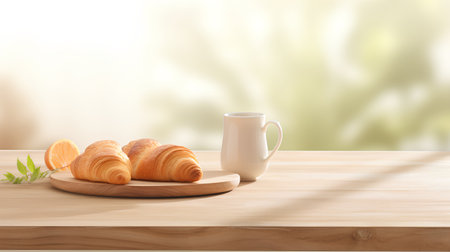 Breakfast with coffee and croissants on a wooden table in front of a blurred backgroundの素材