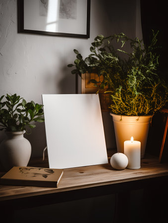Blank white poster mockup on a wooden shelf in the living roomの素材