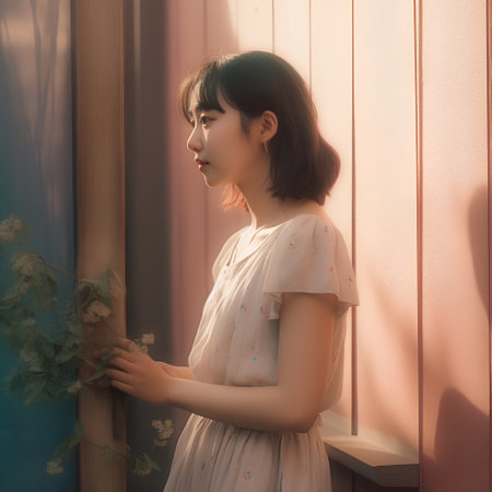 Portrait of a beautiful young asian woman standing near the windowの素材