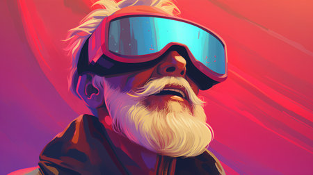Old man with long beard, mustache and moustache in ski goggles.の素材