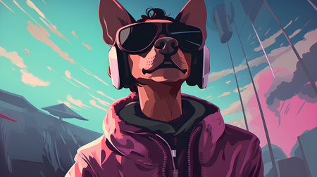 Vector illustration of a man with a dog in a helmet and glassesの素材