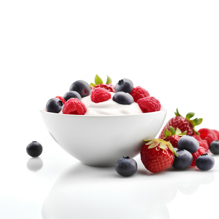 yogurt with raspberries and blueberries on white backgroundの素材
