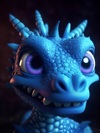 3D rendering of a fantasy dragon with blue eyes on a dark backgroundの素材