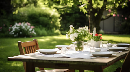 Table setting in the garden. Table set for a romantic dinner.の素材