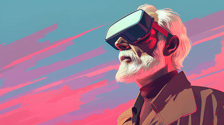 Old man in virtual reality glasses. Retro style. Vector illustration.の素材