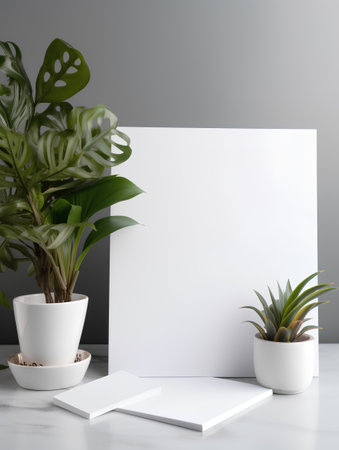 Mock up poster frame with green plant on white marble table. 3d renderの素材