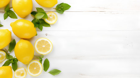 Fresh lemons and mint leaves on white wooden background. Top view with copy spaceの素材