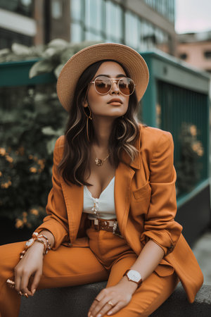 attractive young woman in sunglasses and hat sitting on bench in cityの素材