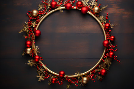 Christmas and New Year frame with red baubles, snowflakes on wooden background.の素材
