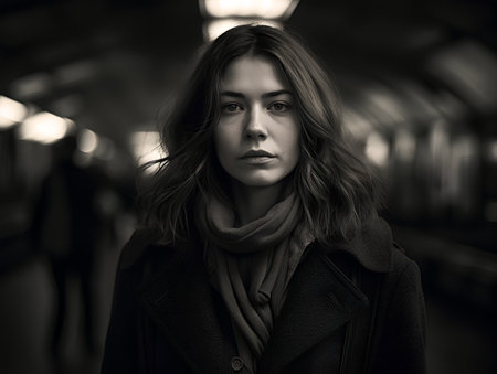 Portrait of a beautiful young woman in the subway. Black and white photo.の素材