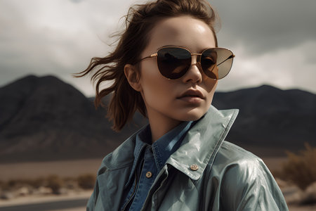 Fashion portrait of a beautiful young woman in sunglasses and a denim jacket.の素材