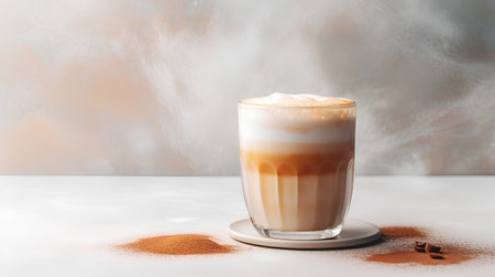Cappuccino or latte coffee in a glass with foam and cinnamon on a light backgroundの素材