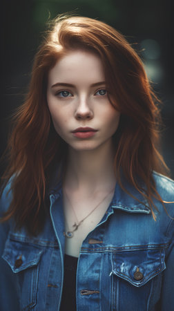 Portrait of a beautiful redhead girl with freckles on her face.の素材