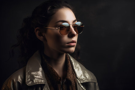 Fashion portrait of beautiful young woman in sunglasses on dark background.の素材