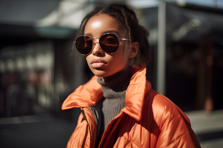 Beautiful african american woman in orange jacket and sunglasses.の素材