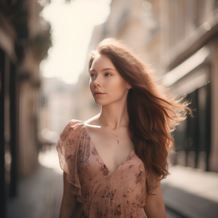 Portrait of a beautiful young woman with long brown hair in the cityの素材
