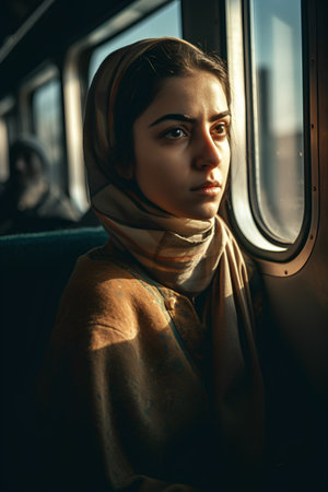 beautiful girl in a train with a scarf on her head.の素材