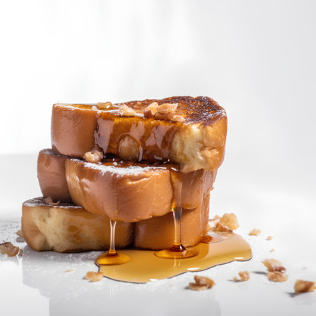 French toast with honey and nuts on a white background, close upの素材