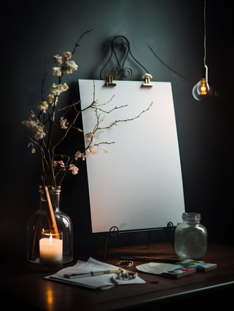 Blank paper poster mockup with copy space for your text or design. Still life.の素材
