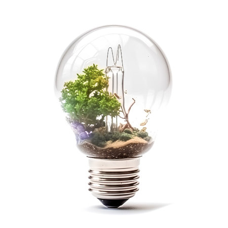 Light bulb with green plant inside isolated on white background, environmental conceptの素材