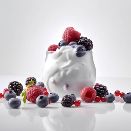 Yoghurt with fresh berries on a white background. Healthy breakfast.の素材