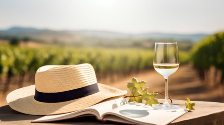 Wine tasting in Tuscany, Italy. Glass of white wine and book on table in vineyard.の素材