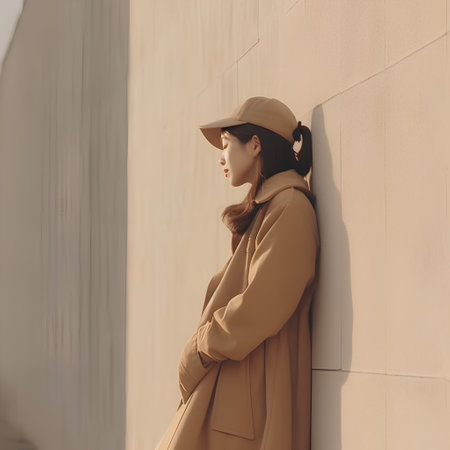 beautiful asian woman in trench coat and cap leaning on wallの素材