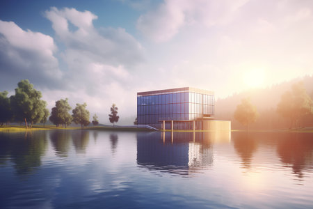 3D render of a modern office building with reflection in the waterの素材