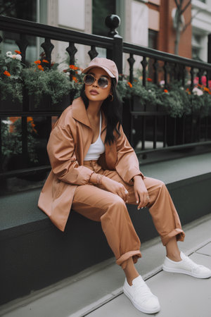 fashion outdoor photo of beautiful sensual woman with dark hair in elegant clothes and accessories posing in summer streetの素材
