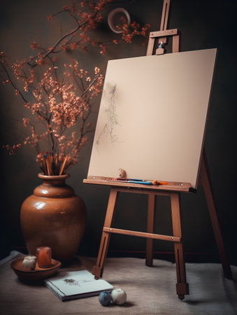 Easel with blank canvas, pencils and vase with dry flowersの素材
