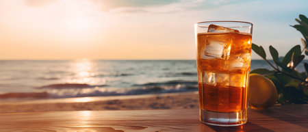 Glass of cola with ice cubes on the beach at sunset.の素材