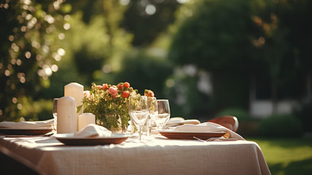 Table set for a romantic dinner in the garden. Selective focus.の素材