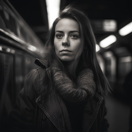 Portrait of a beautiful young woman in the subway. Black and white photo.の素材