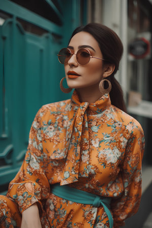 Fashionable young woman in a bright orange dress and sunglasses on the streetの素材