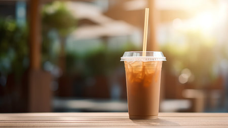 coffee in plastic cup on wooden table in coffee shop background.の素材