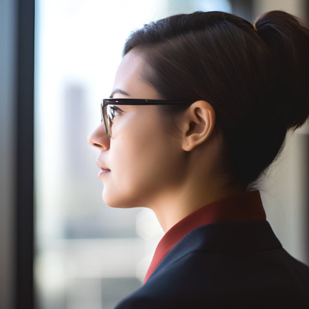 Portrait of young businesswoman with glasses looking away in office.の素材