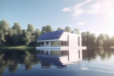 house with solar panels on the background of the lake. 3d renderの素材