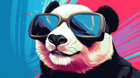 Vector illustration of a panda in a helmet and glasses on a colorful background.の素材