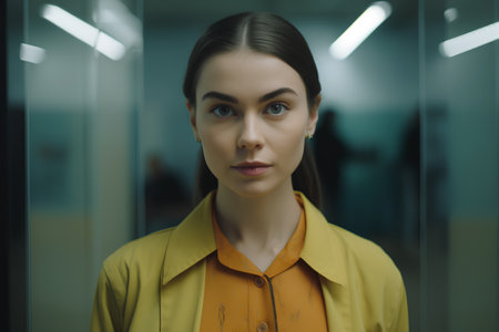 Portrait of a beautiful young woman in a yellow jacket on the background of the elevatorの素材