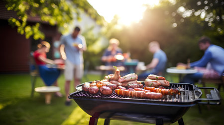 Grilled sausages on barbecue grill with friends in the backgroundの素材