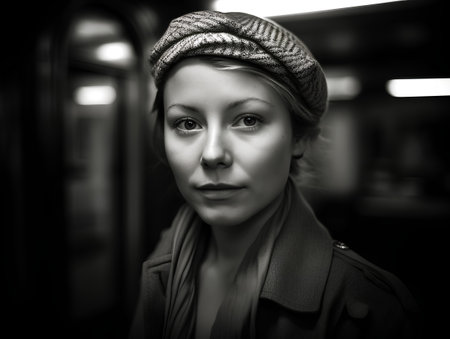 Portrait of a beautiful girl in a beret and coat.の素材