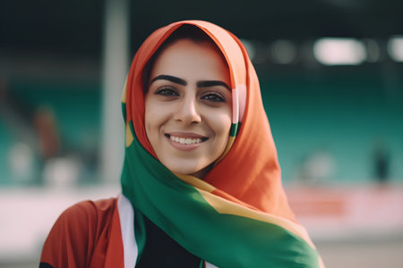 Portrait of a beautiful young muslim woman wearing hijab and smilingの素材