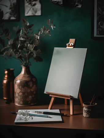 blank canvas on easel with stationery on wooden table in roomの素材